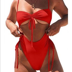 Red sexy one-piece side-cinch bathing suit